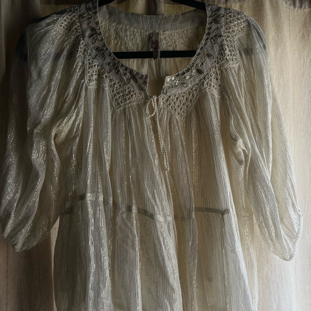RAGA Shimmering Cream Blouse with Beaded Neckline